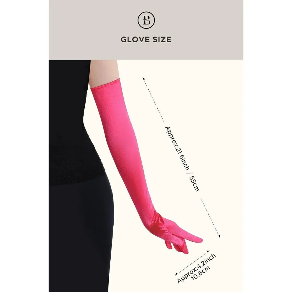 Women's Rose Red Vintage Satin Long Gloves Party Costume Stretchy Elbow Length